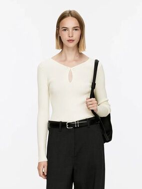 Arket Cream Ribbed Long-Sleeve Top with Keyhole Bow